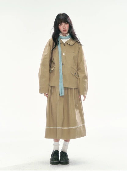 [CAN] Khaki Peter Pan Collar Jacket & Midi Skirt Set