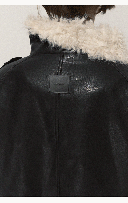 OAKMOO/ "A Night Under the Osmanthus Tree" Rich Black Lambswool-Trimmed Cropped Leather Jacket (Rich Black / Hazel Khaki)