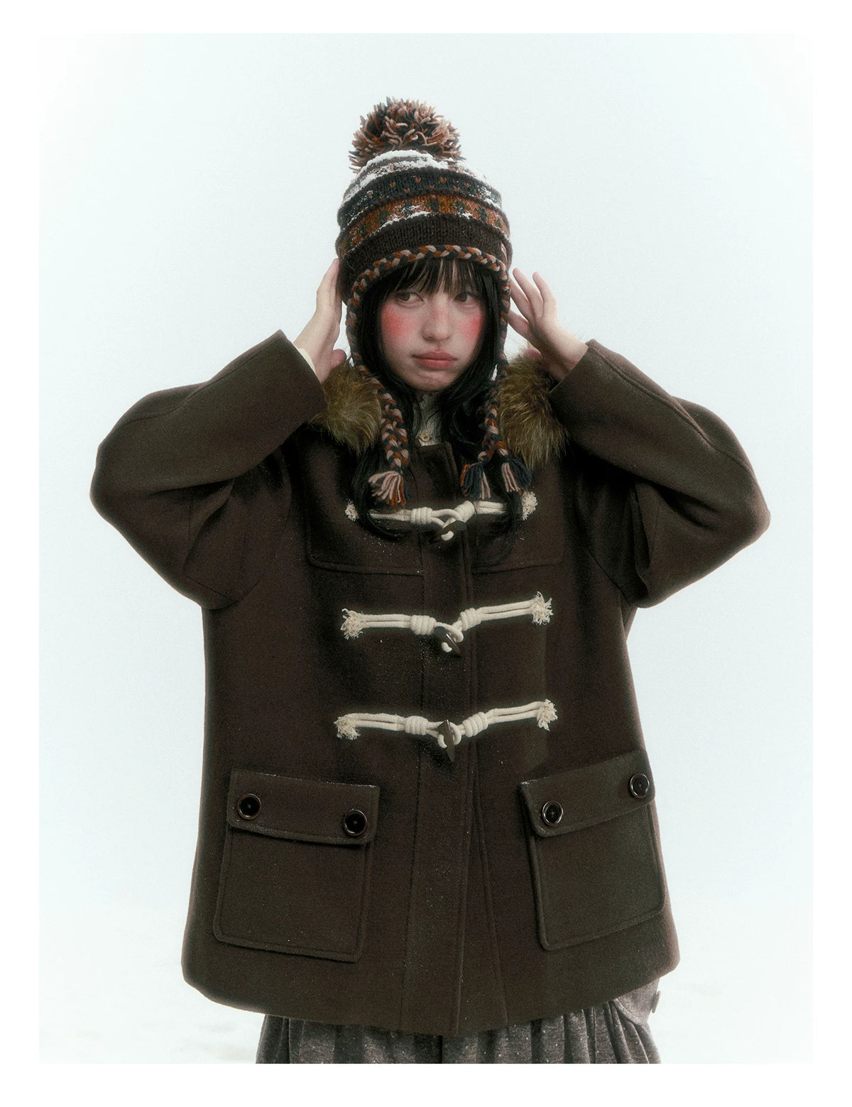 Horridale - Dark Coffee Brown Cropped Hooded Toggle Coat with Detachable Faux Fur Collar