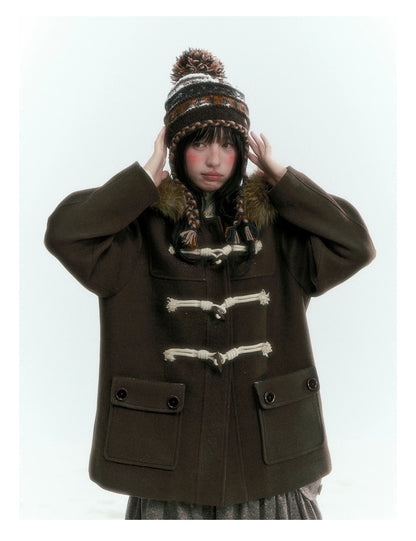Horridale - Dark Coffee Brown Cropped Hooded Toggle Coat with Detachable Faux Fur Collar