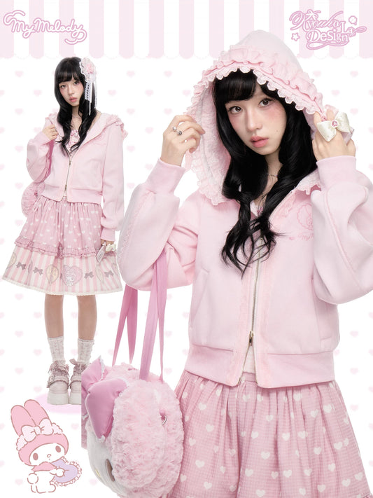 “Ribbon Daydream” Pink Cropped Zip-Up Hoodie