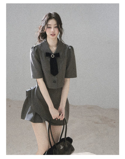 "Paris Afternoon" Slate Gray Bow Top & A-Line Mini Skirt Two-Piece Set