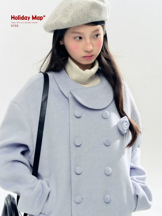 "Rose Manifesto" Frosted Blue Double-Breasted Quilted Wool-Blend Peacoat