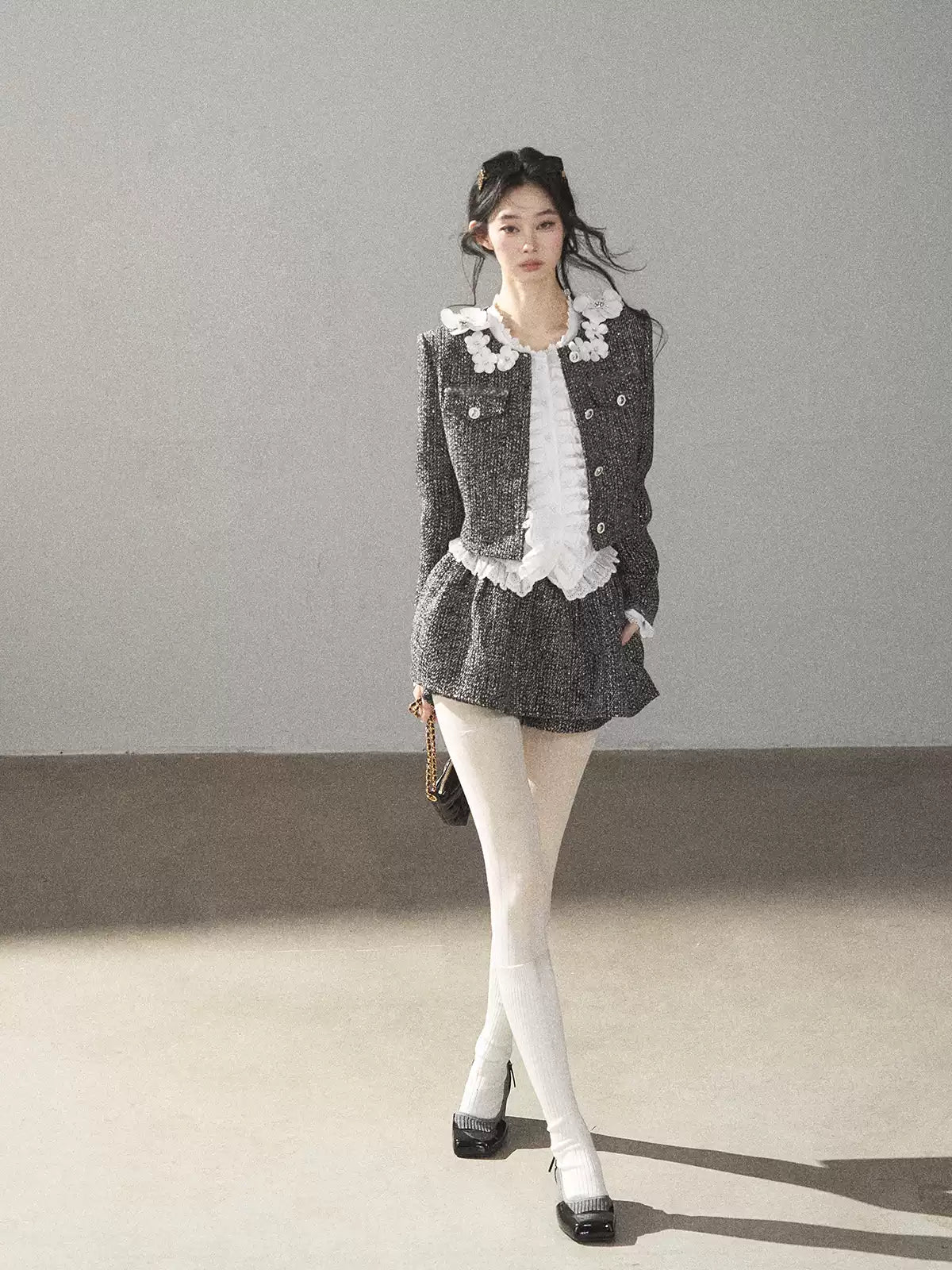 AOMALM - Black & Pearl White Tweed Jacket, Lace Blouse & Mini Skirt Set