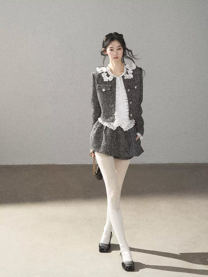AOMALM - Black & Pearl White Tweed Jacket, Lace Blouse & Mini Skirt Set