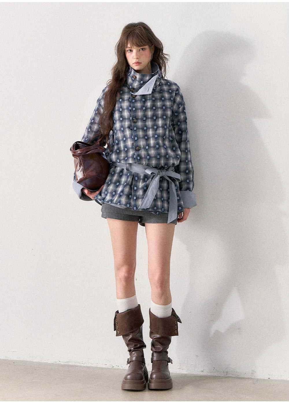 [TMMG] French Stand Collar Reversible Plaid Waist-Cinched Trench Coat (Morning Mist Blue)