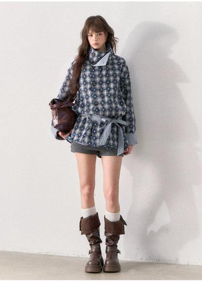 [TMMG] French Stand Collar Reversible Plaid Waist-Cinched Trench Coat (Morning Mist Blue)