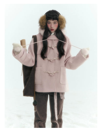 Horridale - Preppy Hooded Wool-Blend Duffle Coat with Pom-Pom Details – Mist Pink