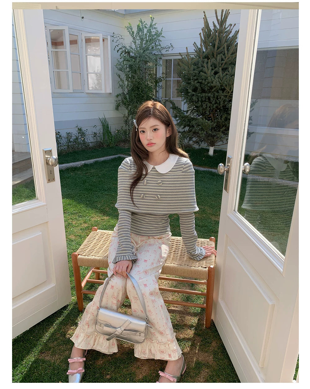 “Misty Sonata” Grey Layered Stripe Knit Top