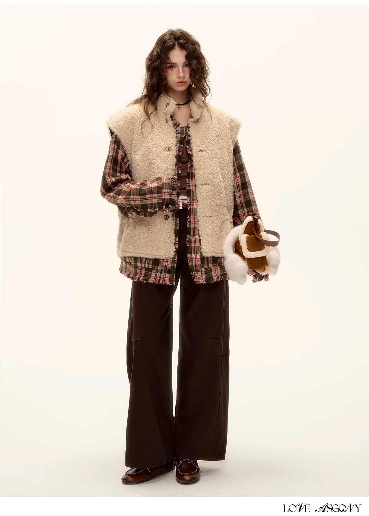 ASGONY - Brown Reversible Suede Faux Shearling Drawstring Vest
