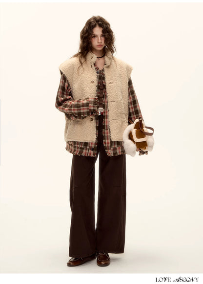 ASGONY - Brown Reversible Suede Faux Shearling Drawstring Vest