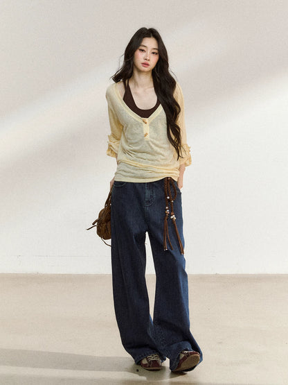 JN's DESIGN - Tencel V-Neck Layered Cami Set with Wood Buttons