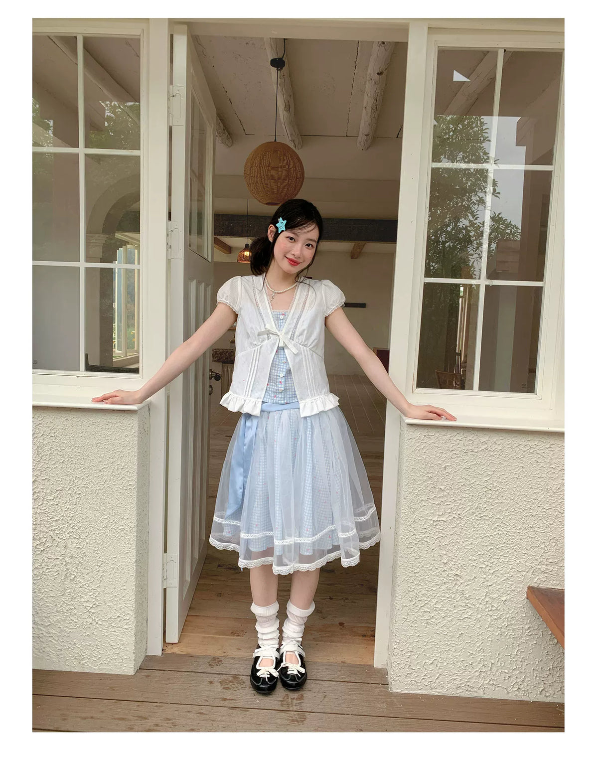 [RF] “Sweet Bluebell” Light Blue Plaid Lace-Trim Three-Piece Set