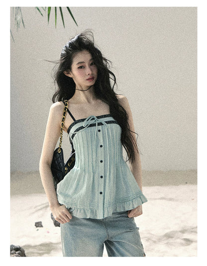 "Sea Breeze Reverie" Misty Sage Lace Off-Shoulder Ruched Top 54352131