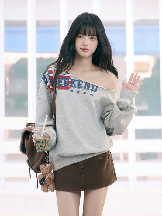 "Heritage Flight" Gray Off-Shoulder Sweatshirt