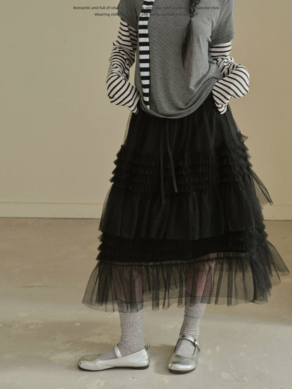 "Misty Layers" Tiered Mesh Skirt (Black / Greige)