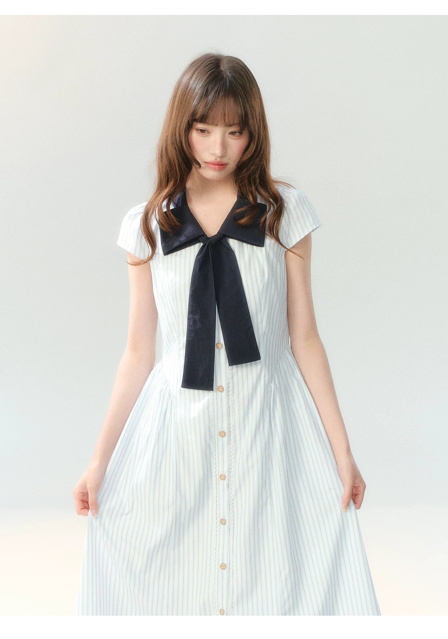 "Academy Breeze Letter" White Stripe Contrast Collar Dress