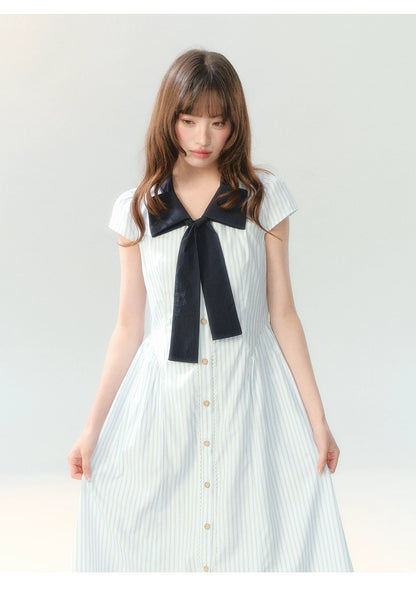 "Academy Breeze Letter" White Stripe Contrast Collar Dress