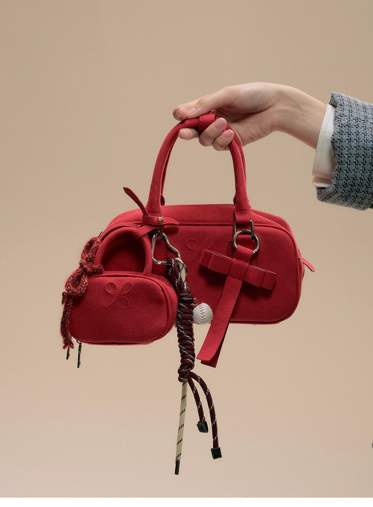 SunsetPark - Suede Bow Boston Handbag (Red / Brown / Floral / Blue / Pink)