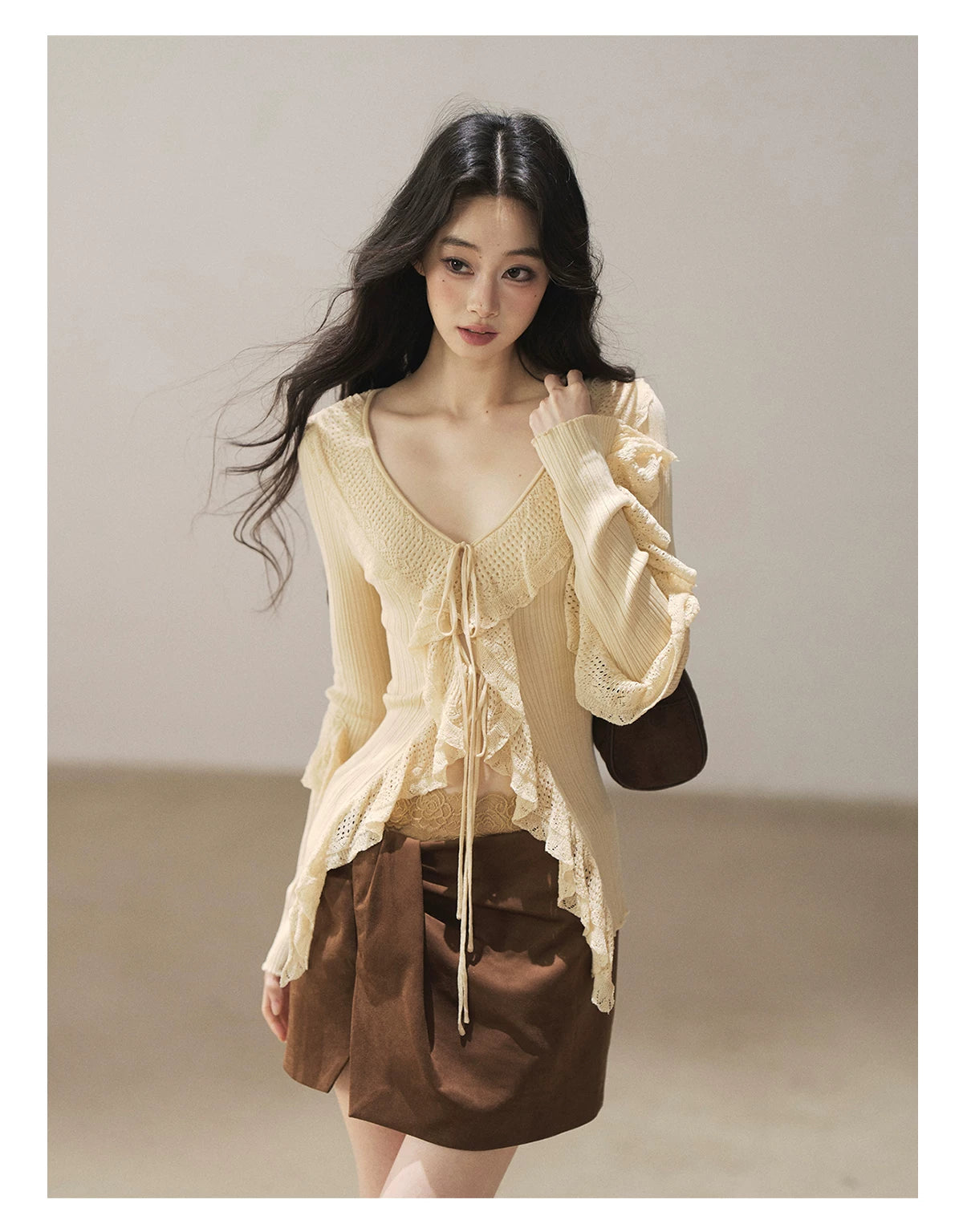 AOMALM - "The Gap of Light" Cheese Yellow Korean Ruffle Lace-Trim Knit Cardigan