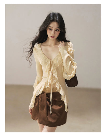 AOMALM - "The Gap of Light" Cheese Yellow Korean Ruffle Lace-Trim Knit Cardigan