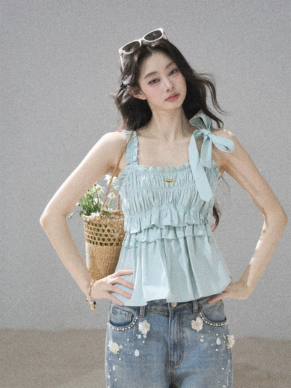 "Gentle Whisper" Glacier Blue Ruffle Peplum Cotton Top