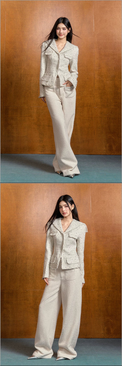 "Winter Heiress" White Tweed Sailor Collar Jacket