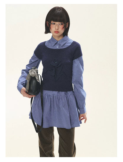 "Holiday Blues" Blue Plaid Bow Shirt Mini Dress