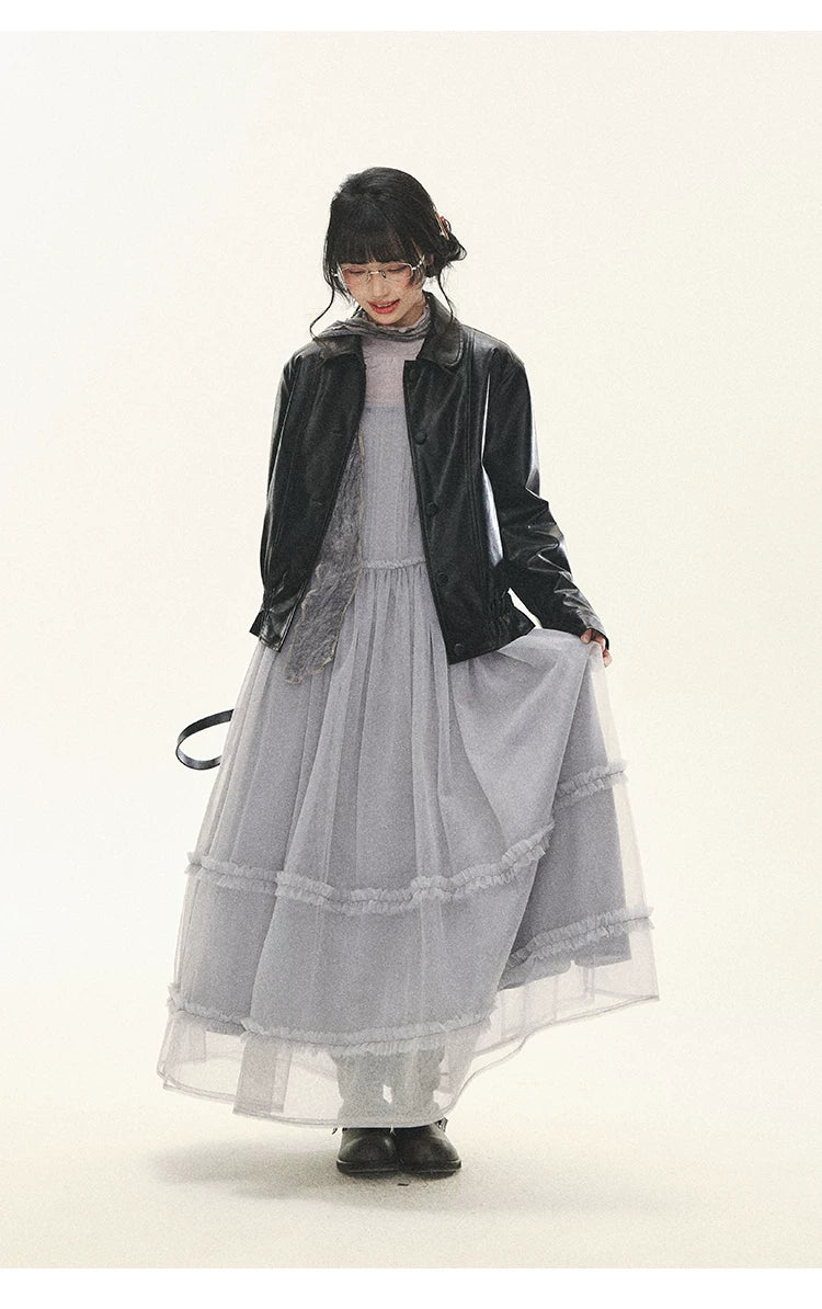 "Venus Gallery" Black Ruffle Collar Cropped Faux Leather Jacket
