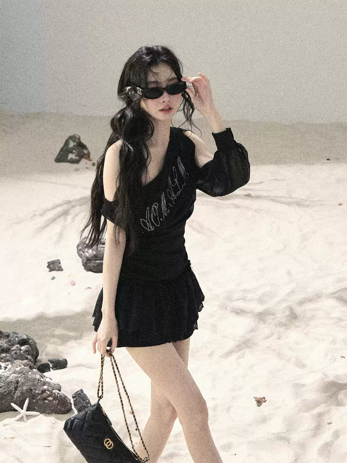 "Scattered Starlight" Midnight Black Off-Shoulder Mesh Waist-Cinched Top