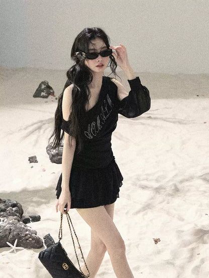 "Scattered Starlight" Midnight Black Off-Shoulder Mesh Waist-Cinched Top