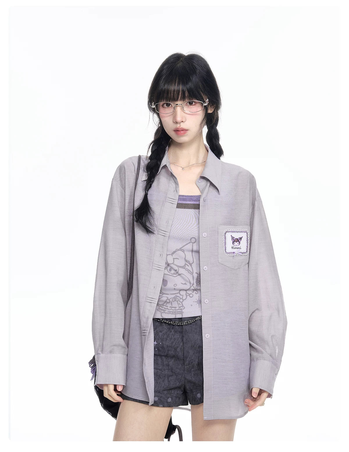 170726K "Campus Icons" Gray Purple Relaxed Polo Overshirt (Kuromi / My Melody / Cinnamoroll)