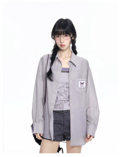 170726K "Campus Icons" Gray Purple Relaxed Polo Overshirt (Kuromi / My Melody / Cinnamoroll)