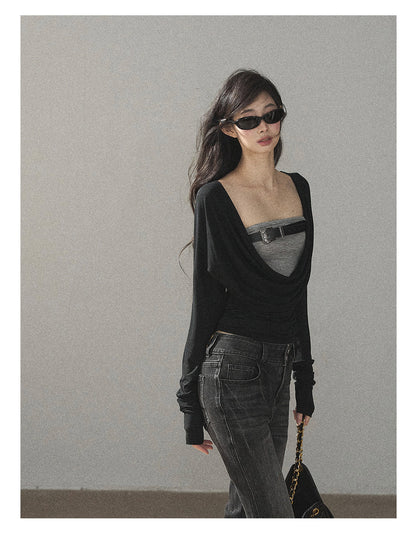 170726 "Where the Mist Meets the Shore" Tranquil Black Layered T-Shirt Top