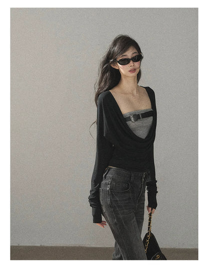 AOMALM - "Misty Shore" Quiet Black Layered Knit Mini Dress