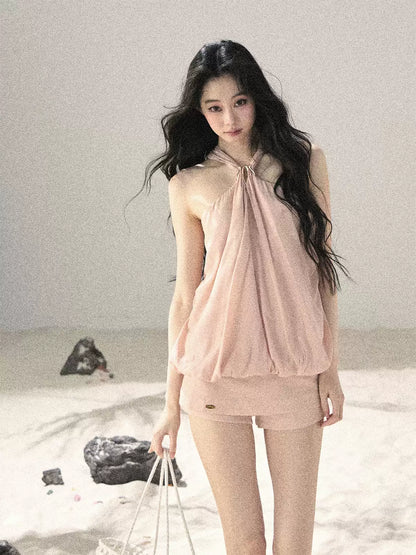 "Soft Luminous Glow" Misty Pink Halter Top & High-Waisted Skort Two-Piece Set