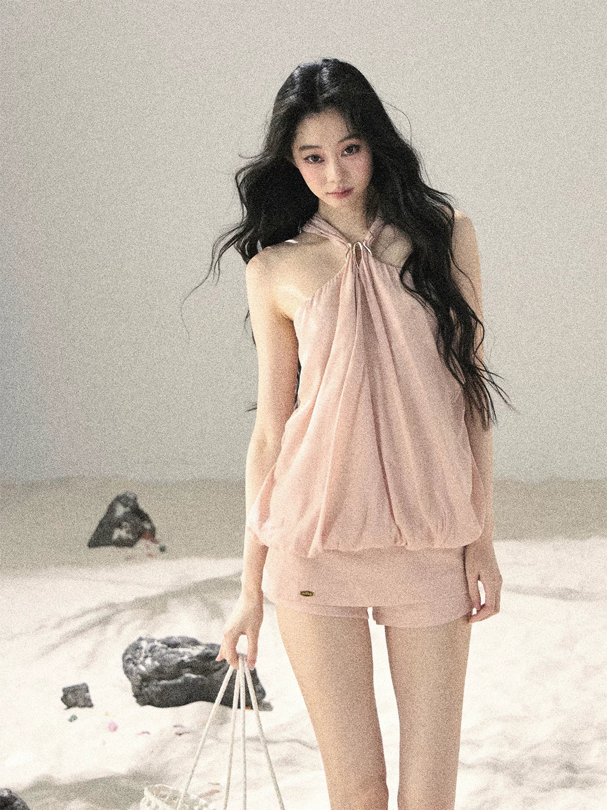 "Soft Luminous Glow" Misty Pink Halter Top & High-Waisted Skort Two-Piece Set