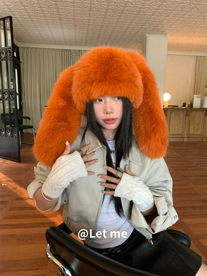 Orange Plush Bunny Ear Hat – Cute Long-Eared Fleece Cap