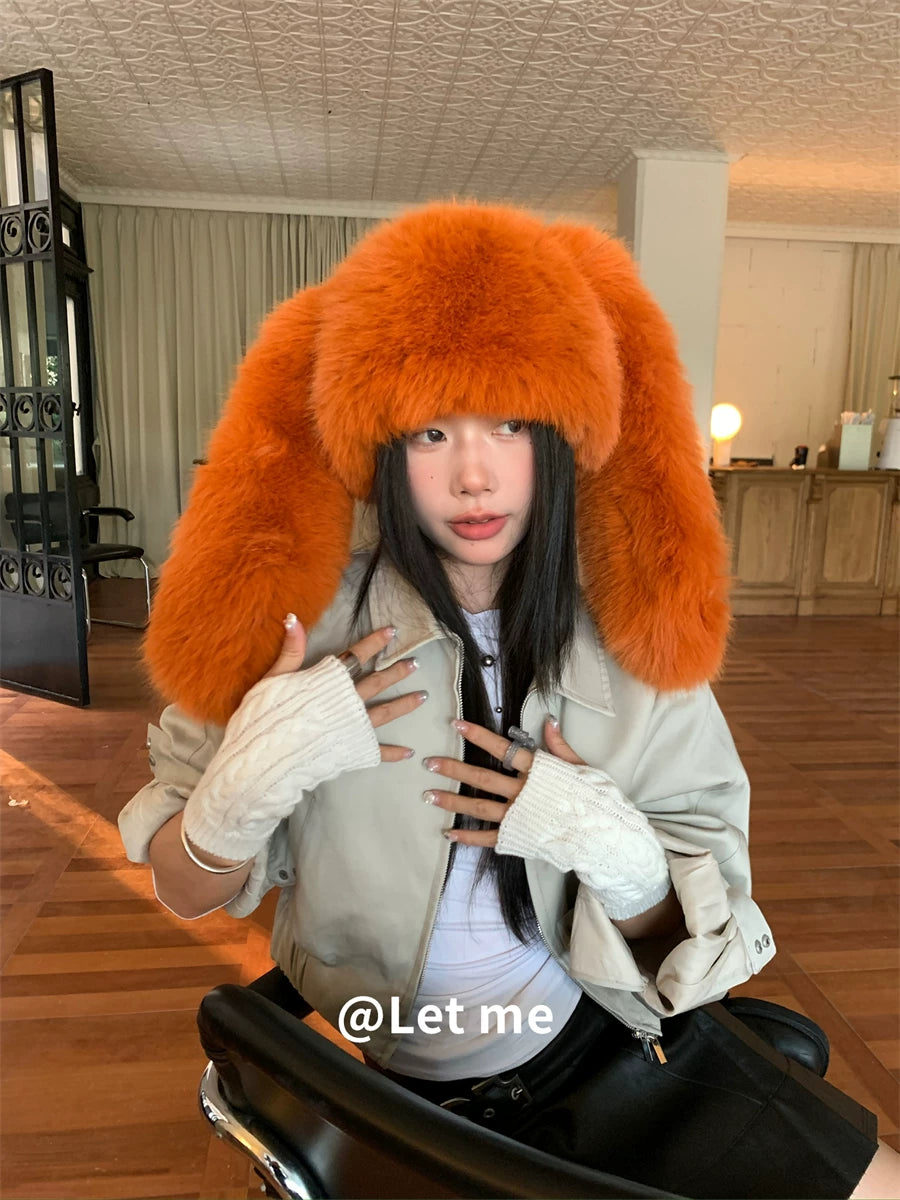 Orange Plush Bunny Ear Hat – Cute Long-Eared Fleece Cap