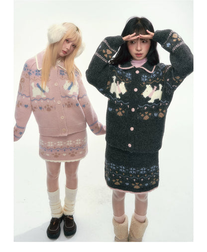 [CAN] Puppy Fair Isle Knit Sweater & Skirt Set (Gray / Pink)
