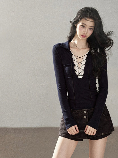 AOMALM - "Soft Interlude" Navy Blue Korean Lace Knit Cropped Top with Tie