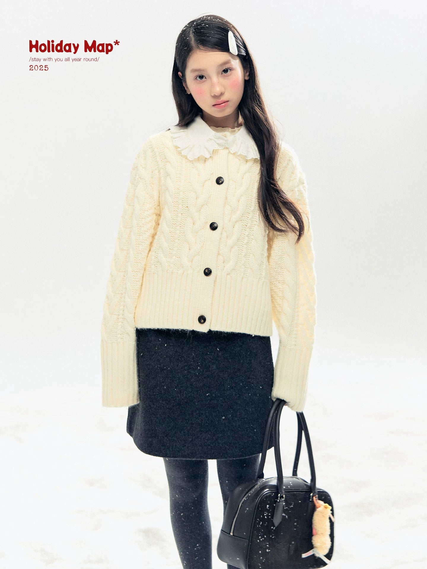 "Cotton Mousse" Cable Knit Cardigan with Detachable Ruffle Collar (Cotton Blue/ Soft White)