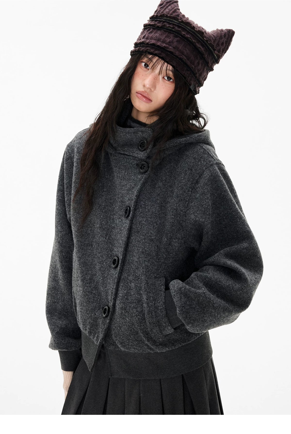 EZEK | Preppy Hooded Wool Blend Jacket with Button Front