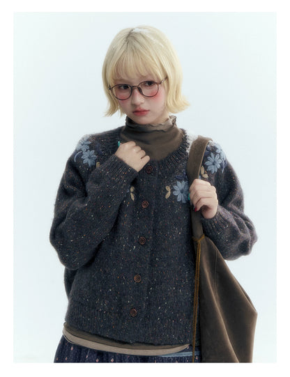 Horridale - Dark Heather Gray Vintage Crochet Flower Knit Cardigan