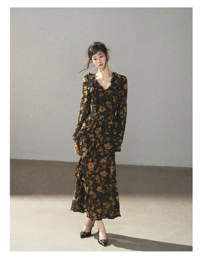 AOMALM - Black & Golden Brown Floral Ruffle Maxi Dress with High Side Slit