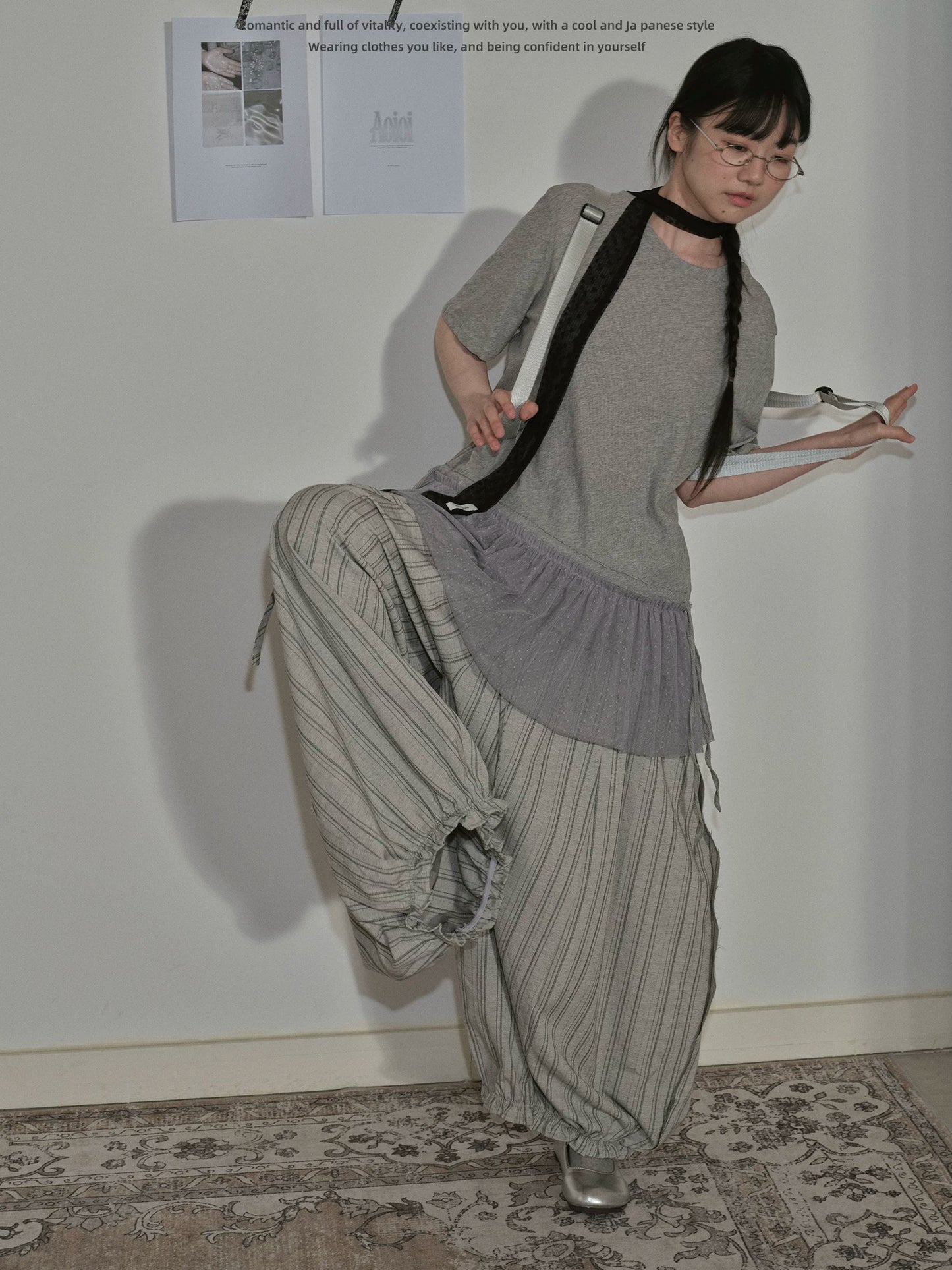 "Vintage Drift" Gray Striped Balloon Wide Leg Trousers