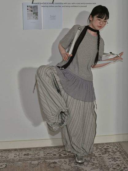 "Vintage Drift" Gray Striped Balloon Wide Leg Trousers