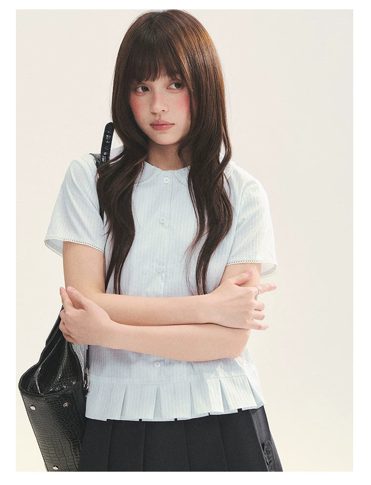 "Citrus Sea Salt" Stripe Lace Peter Pan Collar Pleated Shirt (White Blue / Blue White)