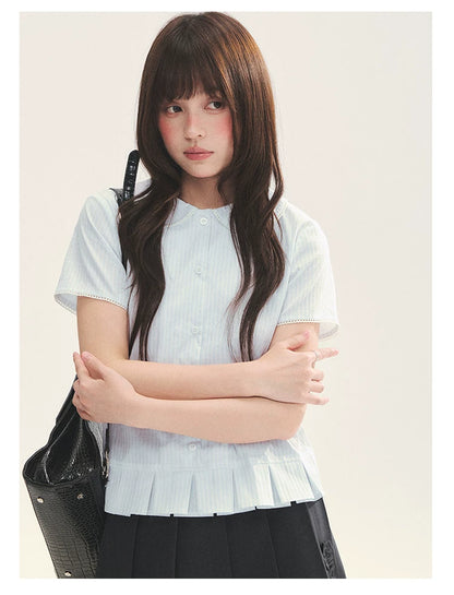 "Citrus Sea Salt" Stripe Lace Peter Pan Collar Pleated Shirt (White Blue / Blue White)