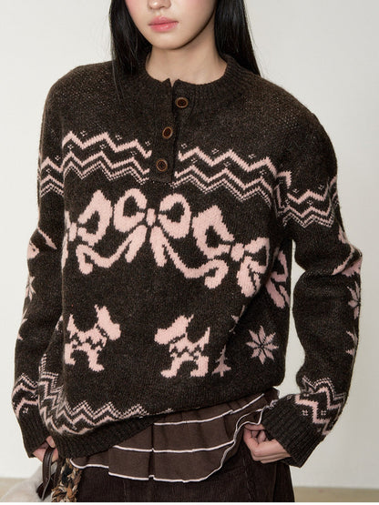 Soote Season - Fair Isle Cinnamon Bow Henley Knit Sweater